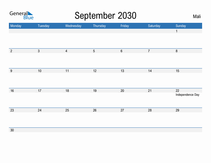 Fillable September 2030 Calendar