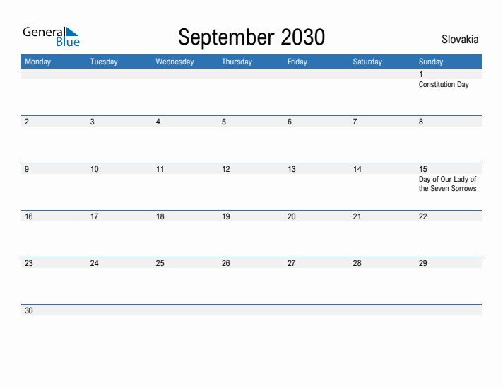 Fillable September 2030 Calendar