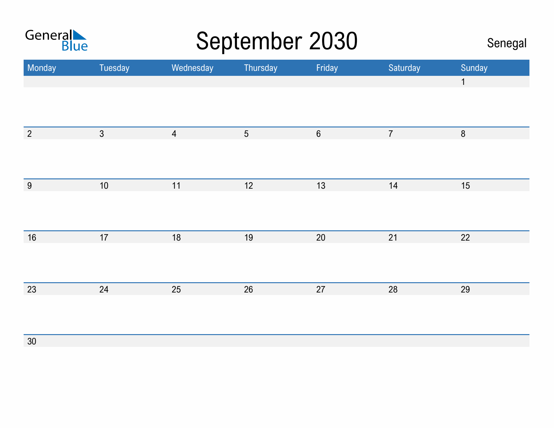 Fillable September 2030 Calendar