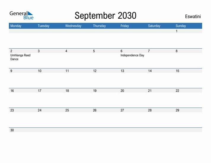 Fillable September 2030 Calendar