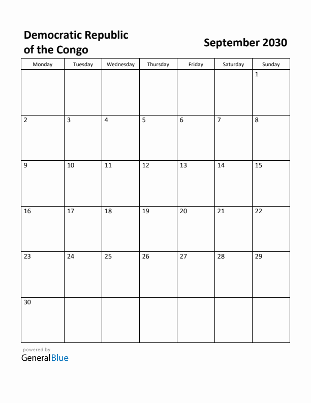 September 2030 Calendar with Democratic Republic of the Congo Holidays