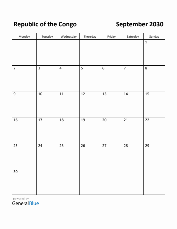 September 2030 Calendar with Republic of the Congo Holidays