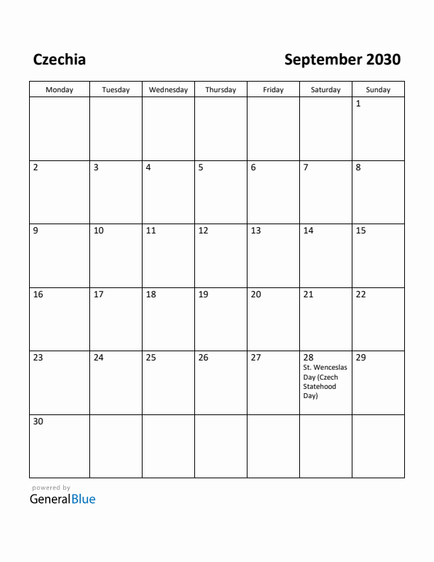 September 2030 Calendar with Czechia Holidays