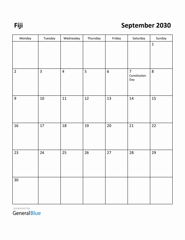 September 2030 Calendar with Fiji Holidays
