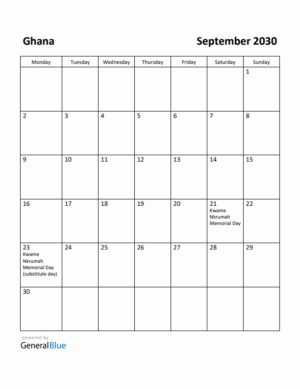 September 2030 Calendar with Ghana Holidays