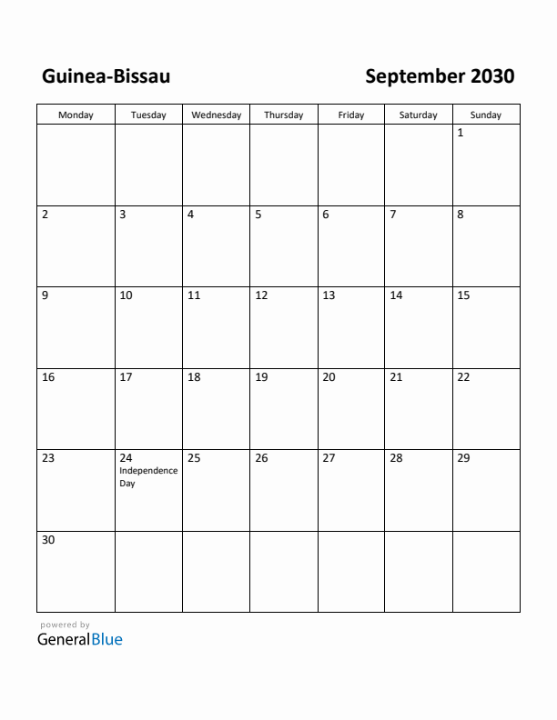September 2030 Calendar with Guinea-Bissau Holidays