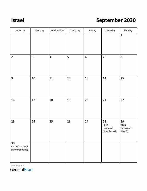 September 2030 Calendar with Israel Holidays