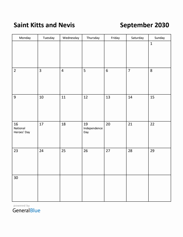 September 2030 Calendar with Saint Kitts and Nevis Holidays