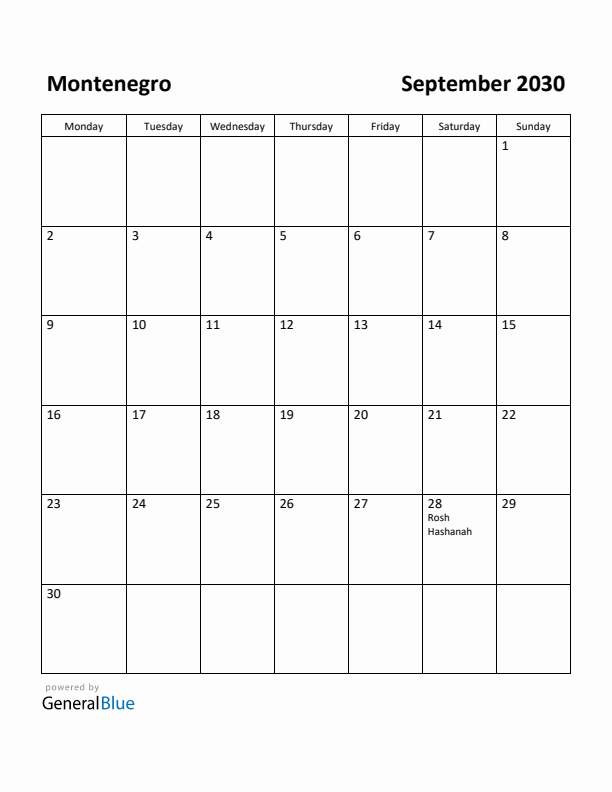 September 2030 Calendar with Montenegro Holidays