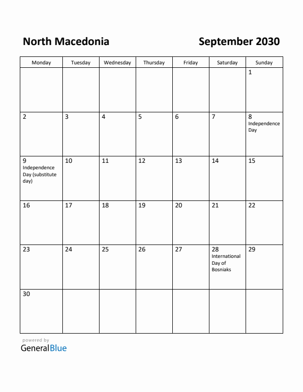 September 2030 Calendar with North Macedonia Holidays