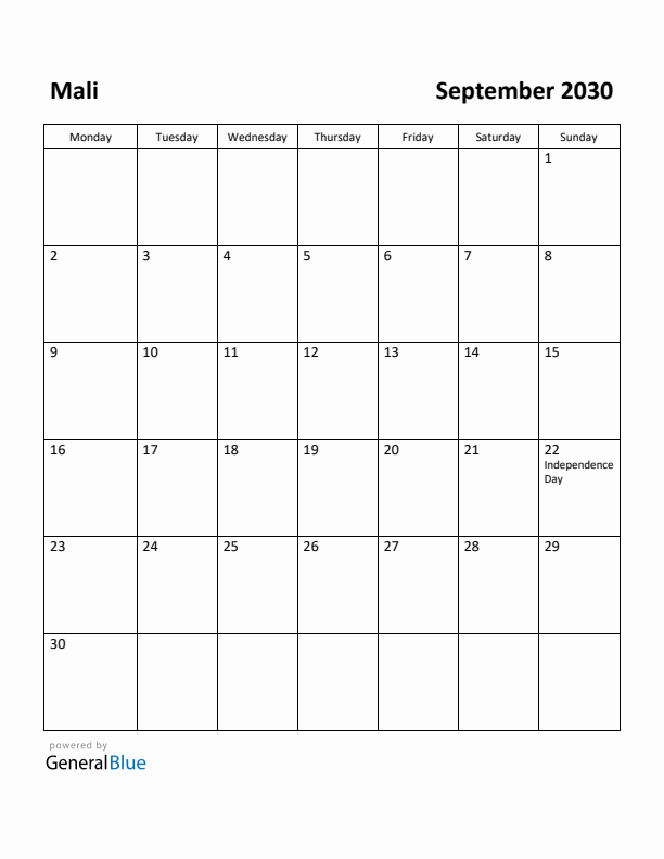 September 2030 Calendar with Mali Holidays