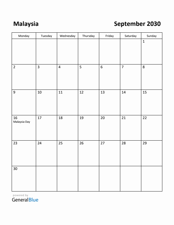 September 2030 Calendar with Malaysia Holidays