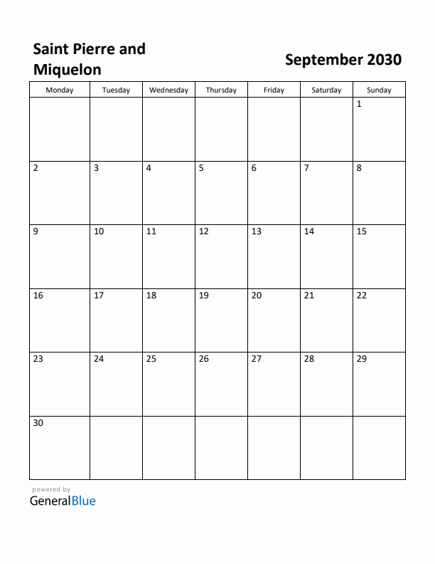 September 2030 Calendar with Saint Pierre and Miquelon Holidays