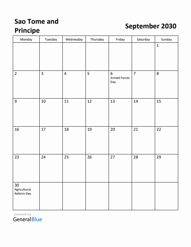 September 2030 Calendar with Sao Tome and Principe Holidays