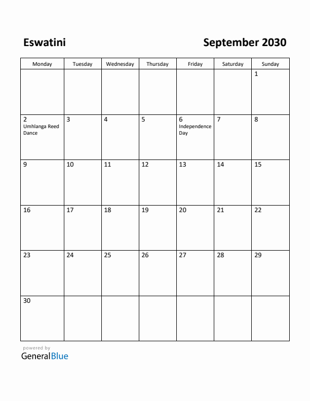 September 2030 Calendar with Eswatini Holidays