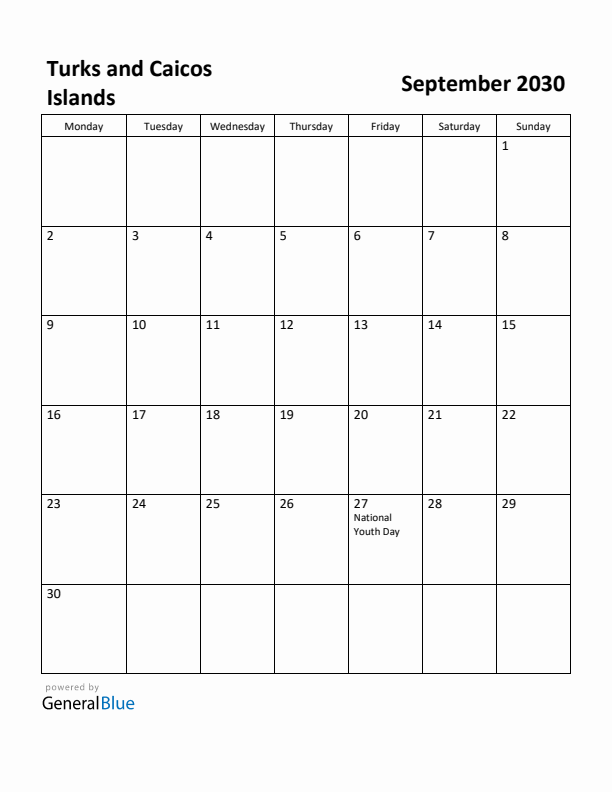 September 2030 Calendar with Turks and Caicos Islands Holidays