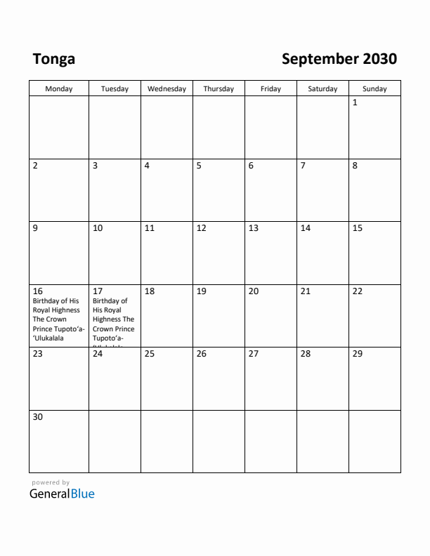 September 2030 Calendar with Tonga Holidays
