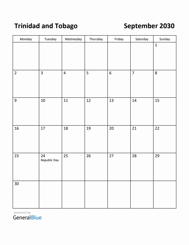 September 2030 Calendar with Trinidad and Tobago Holidays