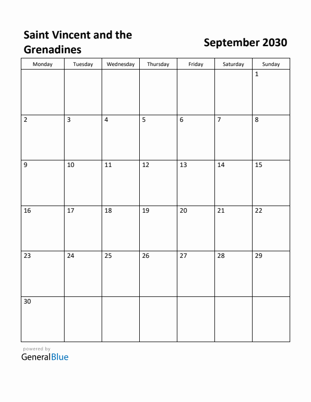 September 2030 Calendar with Saint Vincent and the Grenadines Holidays