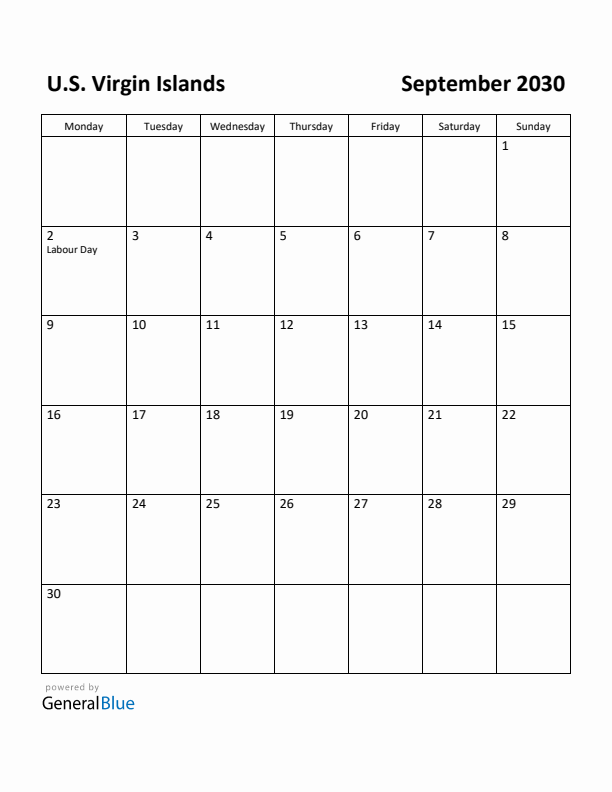 September 2030 Calendar with U.S. Virgin Islands Holidays