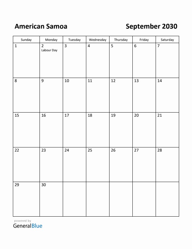 September 2030 Calendar with American Samoa Holidays