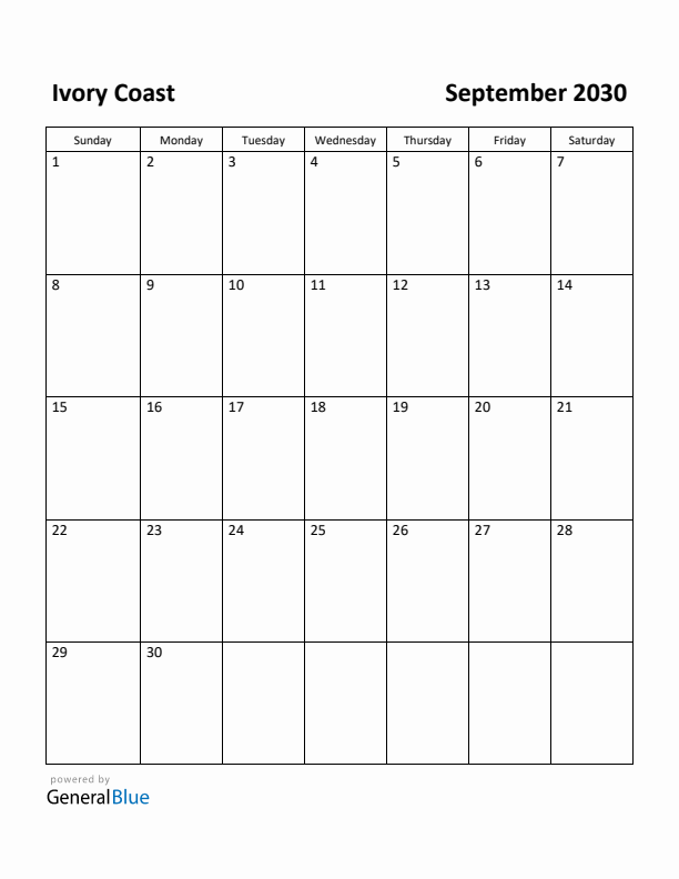September 2030 Calendar with Ivory Coast Holidays