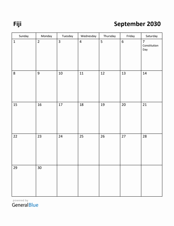 September 2030 Calendar with Fiji Holidays