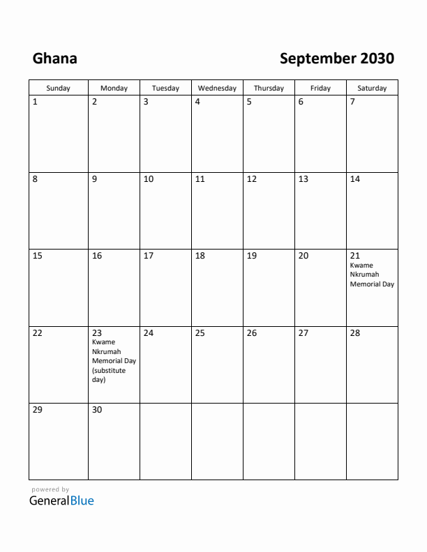 September 2030 Calendar with Ghana Holidays