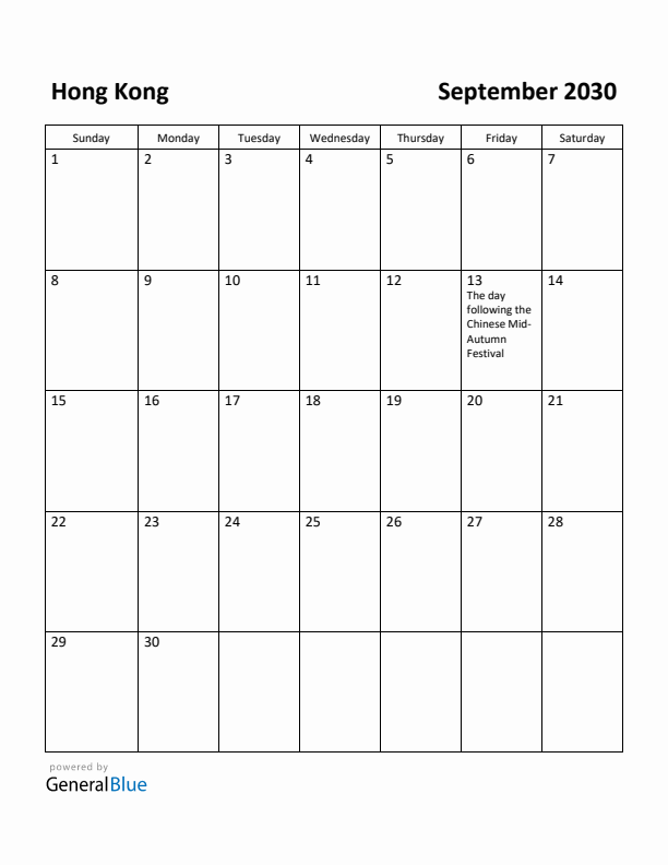 September 2030 Calendar with Hong Kong Holidays