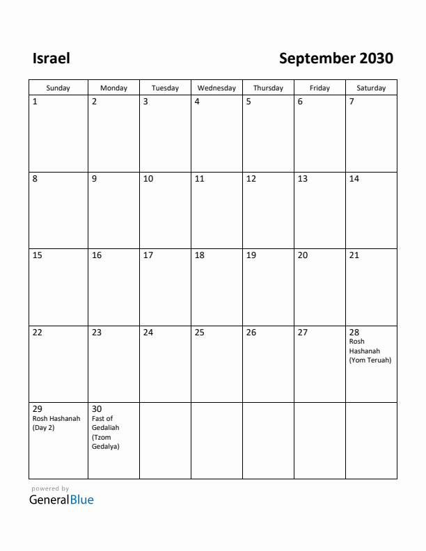 September 2030 Calendar with Israel Holidays