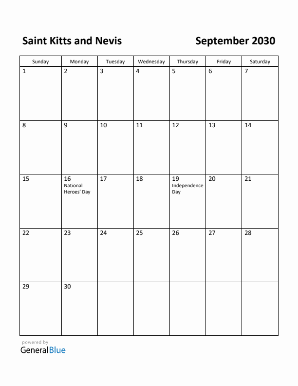 September 2030 Calendar with Saint Kitts and Nevis Holidays