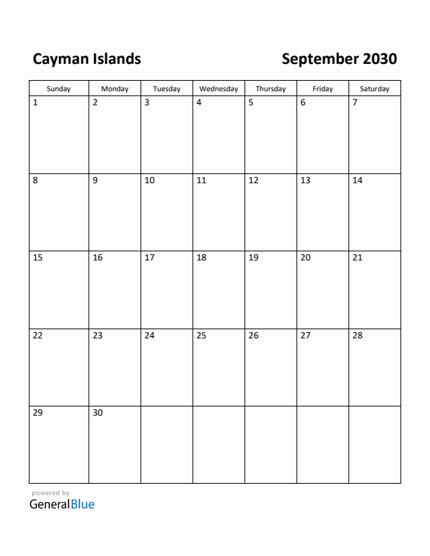 September 2030 Calendar with Cayman Islands Holidays