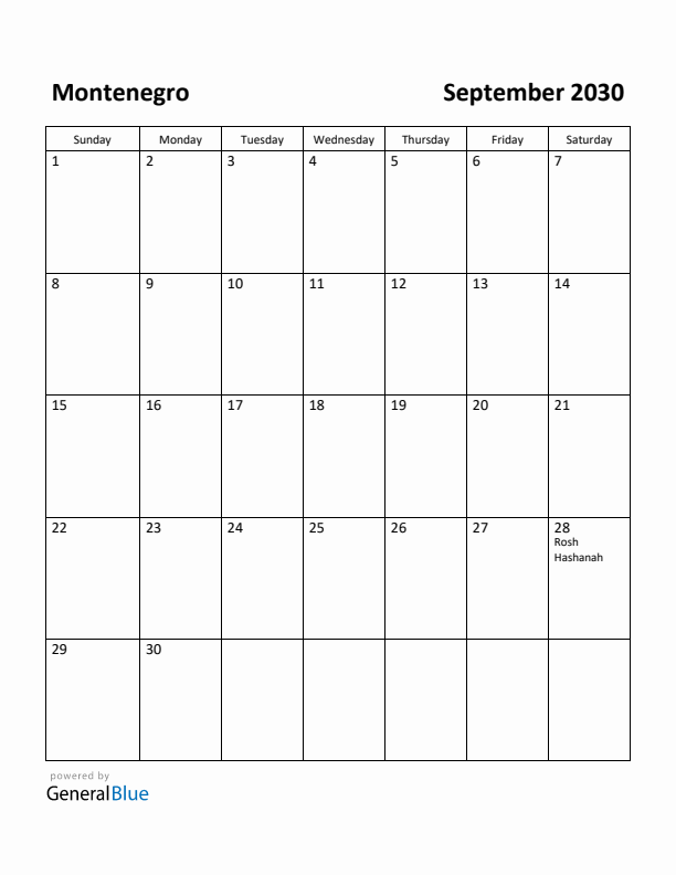 September 2030 Calendar with Montenegro Holidays