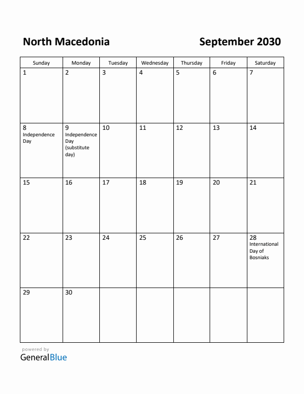September 2030 Calendar with North Macedonia Holidays