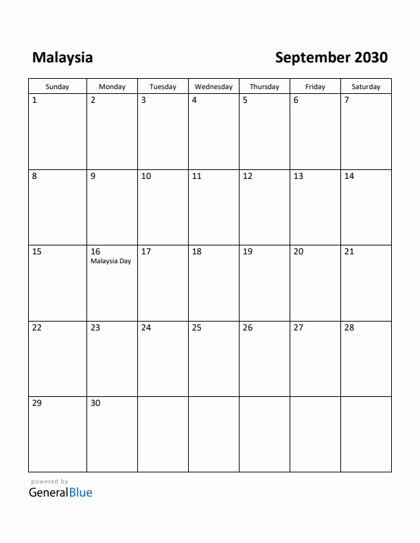 September 2030 Calendar with Malaysia Holidays