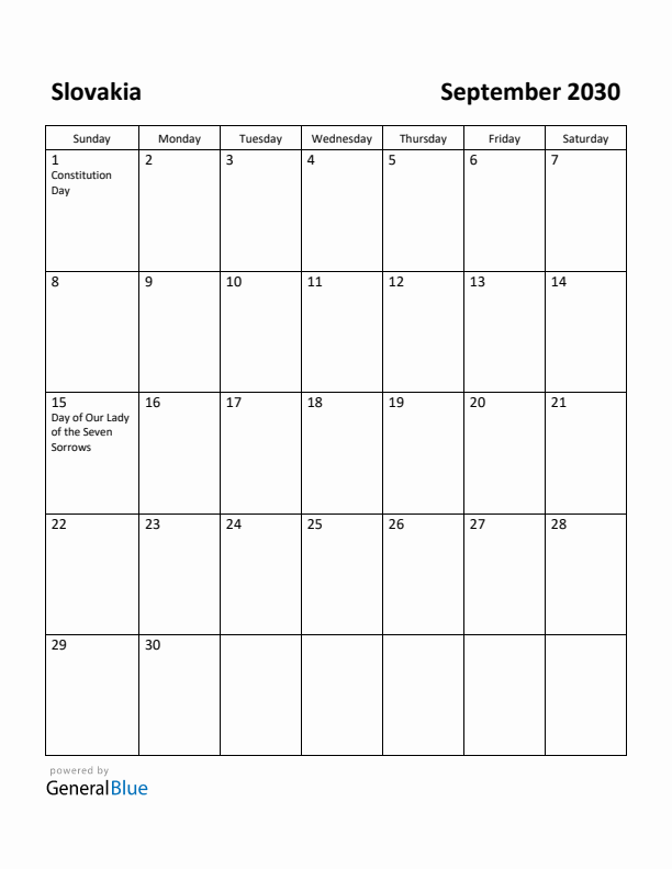 September 2030 Calendar with Slovakia Holidays