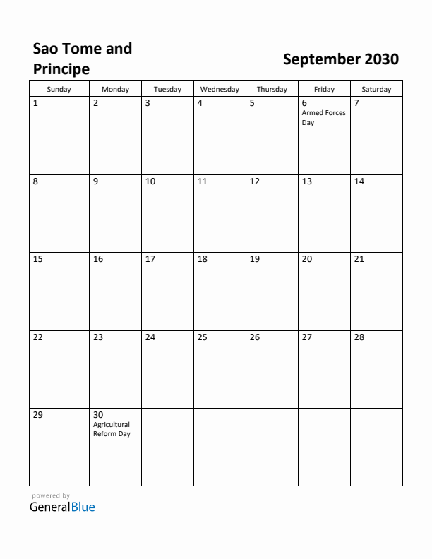 September 2030 Calendar with Sao Tome and Principe Holidays