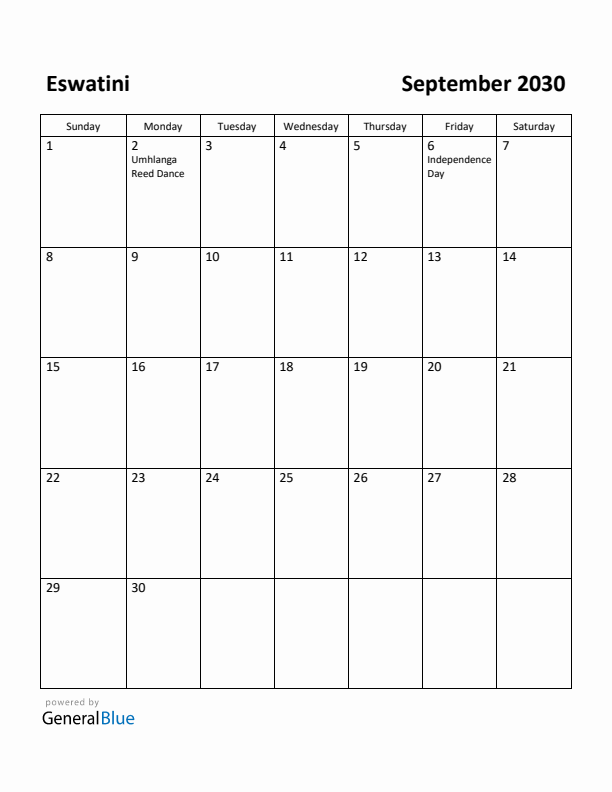 September 2030 Calendar with Eswatini Holidays
