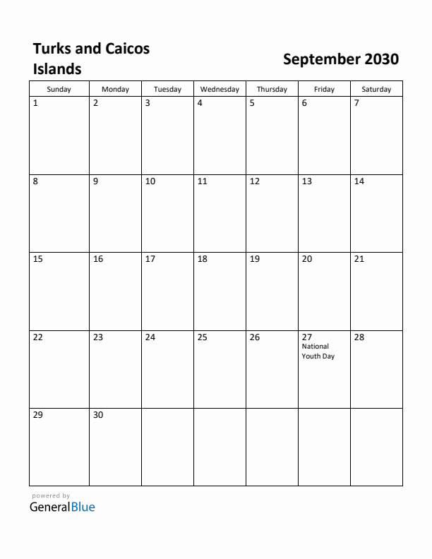 September 2030 Calendar with Turks and Caicos Islands Holidays