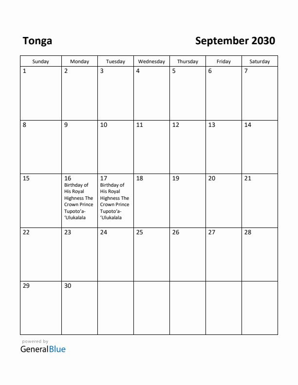 September 2030 Calendar with Tonga Holidays