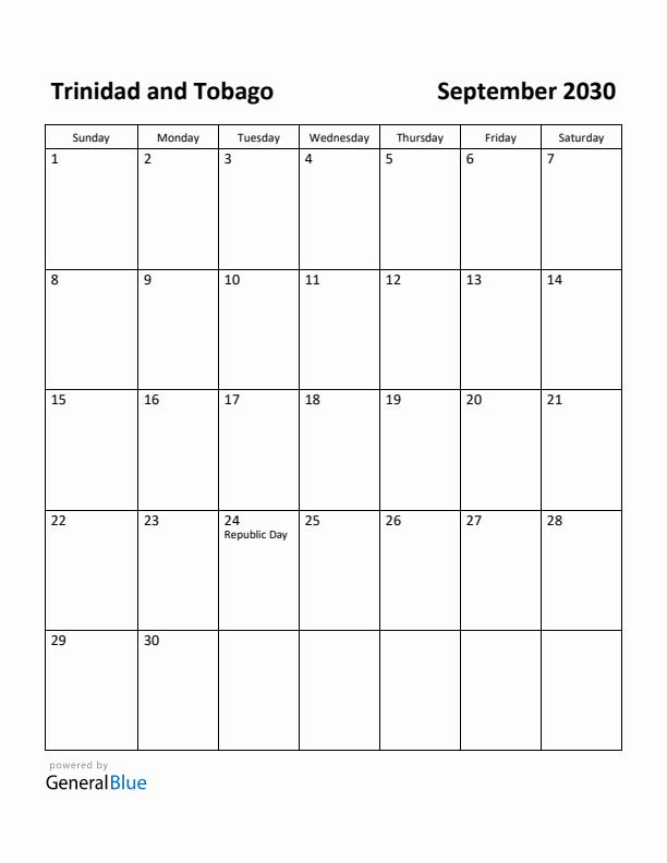 September 2030 Calendar with Trinidad and Tobago Holidays