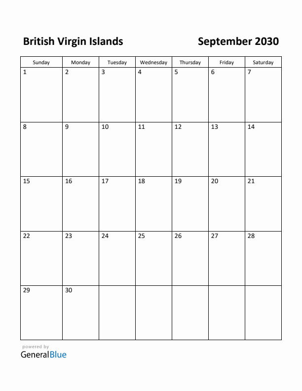 September 2030 Calendar with British Virgin Islands Holidays