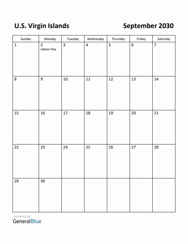 September 2030 Calendar with U.S. Virgin Islands Holidays