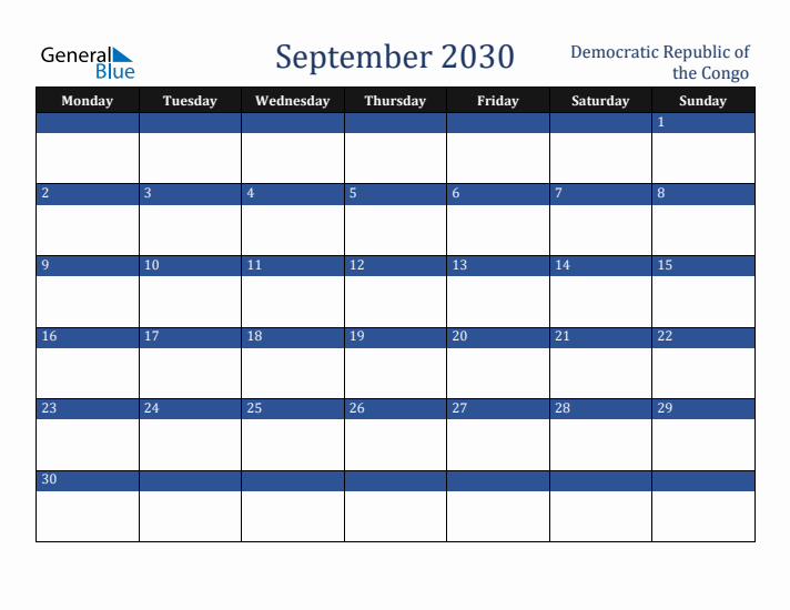September 2030 Democratic Republic of the Congo Calendar (Monday Start)