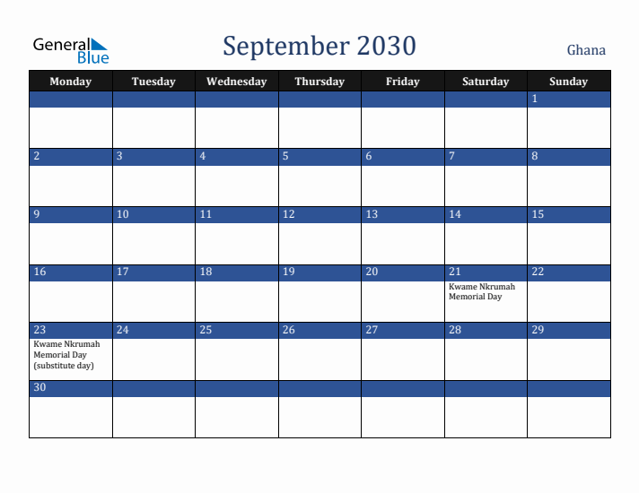 September 2030 Ghana Calendar (Monday Start)