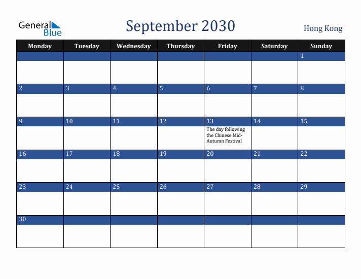 September 2030 Hong Kong Calendar (Monday Start)