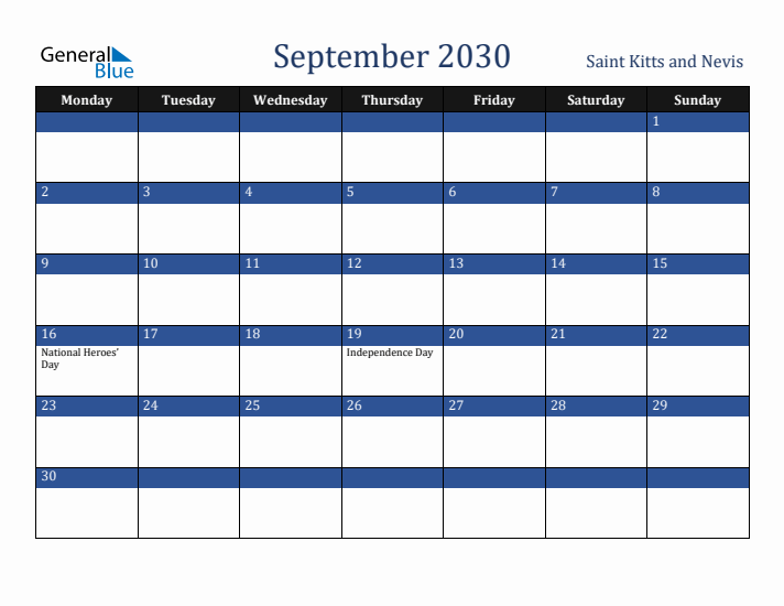 September 2030 Saint Kitts and Nevis Calendar (Monday Start)