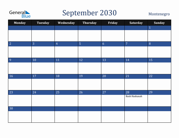 September 2030 Montenegro Calendar (Monday Start)