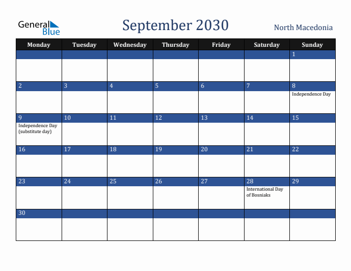 September 2030 North Macedonia Calendar (Monday Start)