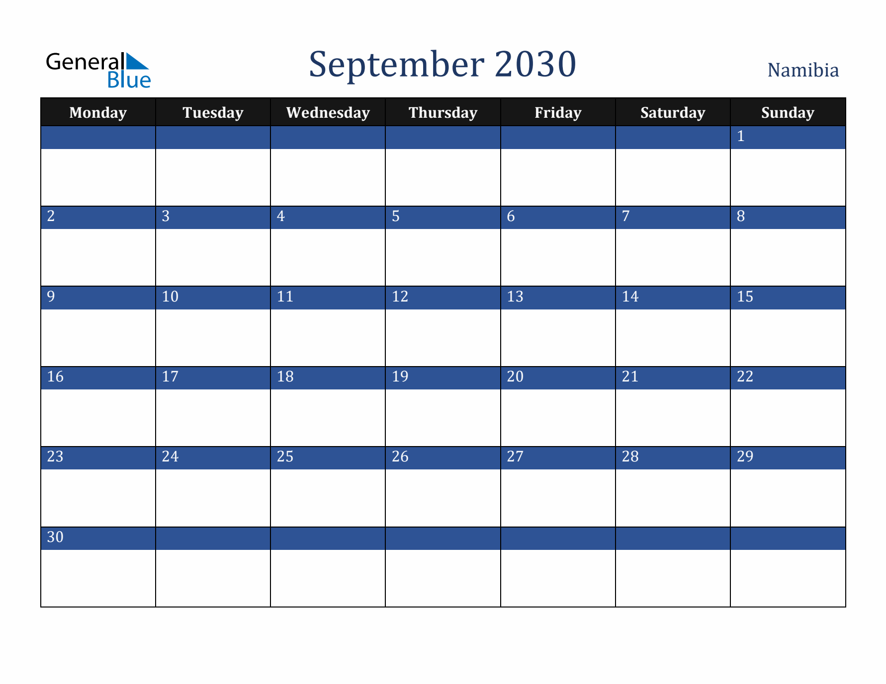 September 2030 Namibia Calendar (Monday Start)